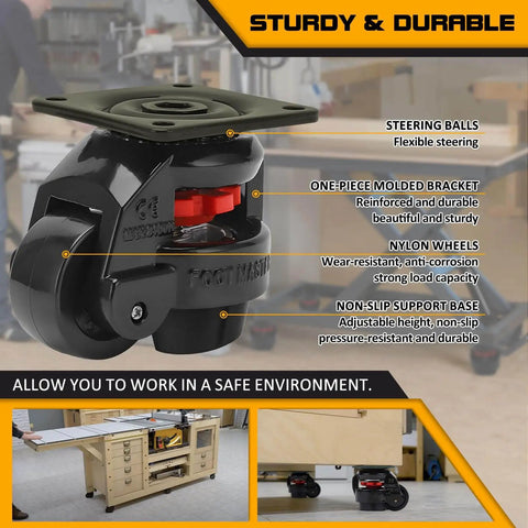 Heavy Duty 4 Piece Machine Leveling Casters With Nylon Wheels And Rubber Feet Retractable Workbench Caster Set High Load Capacity Up To 550 Lbs Per Caster Total 2200 Lbs For Mobile Equipment And Heavy Benches close-up view