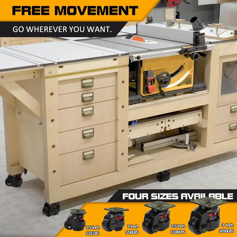 Workbench with Heavy Duty 4 Piece Machine Leveling Casters With Nylon Wheels And Rubber Feet Retractable Caster Set installed