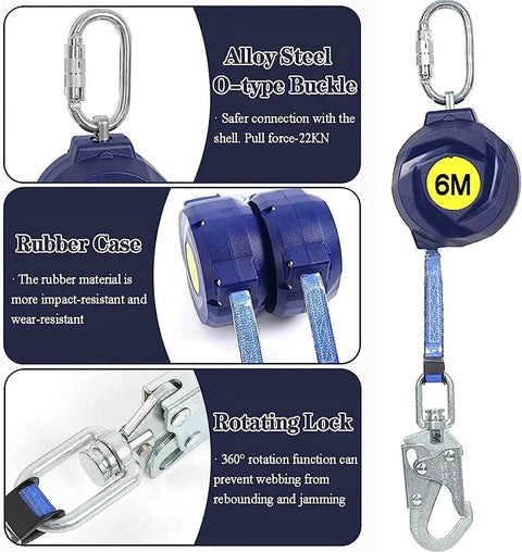 Pro Grade Heavy Duty Self Retracting Lifeline For Fall Protection Industrial Safety Rope With Quick Lock Disc Brake Portable Lanyard, 6m, rubber-coated with rotating lock and alloy steel buckle.