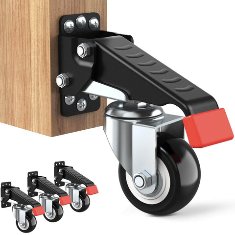 4-Pack Retractable Workbench Casters Kit - Heavy Duty 660 lbs Bench Caster Wheels mounted on a workbench.