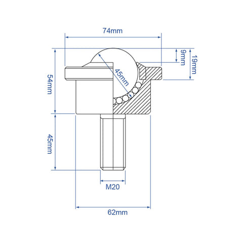 Technical diagram of Heavy Duty Roller Ball Transfer Bearing Caster with M20 Screw Ball Transfer Unit showing dimensions.