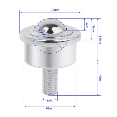 Heavy Duty Roller Ball Transfer Bearing Caster with M20 Screw Ball Transfer Unit shown with dimensions and measurements