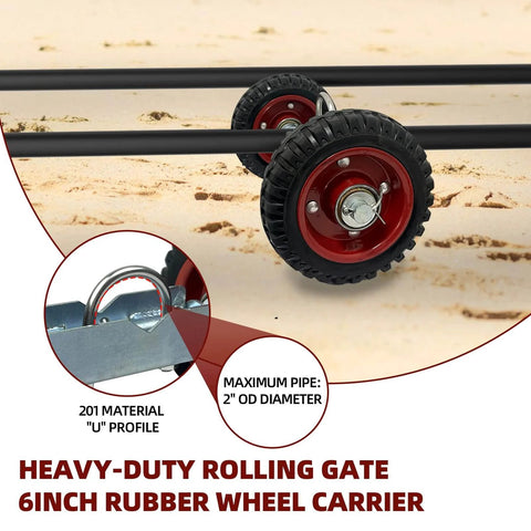 Rolling Gate Hardware Kit for Farm Fence and Sliding Gates with 6 Inch Double Wheel Carrier close-up on sandy ground