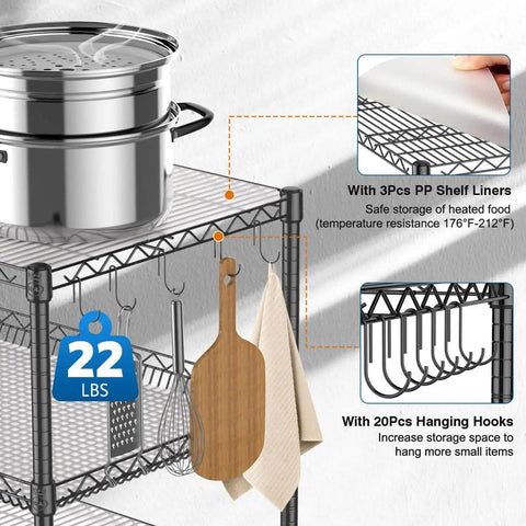 Heavy Duty Rolling Utility Cart With Wheels For Kitchen And Restaurant Use Kitchen Workhorse 45 Inch NSF Certified Commercial Grade Steel Cart 1120 Lbs Capacity With Handle And Shelf Liners Black Leteuke displayed in use with kitchen utensils, shelf liners, and hanging hooks.