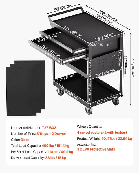 Heavy Duty 5 Tier Rolling Tool Cart With 400 Lb Capacity, Locking Drawers, Pegboard Side Panels, And Smooth Glide Drawers For Garage, Workshop Or Repair Shop VEVOR