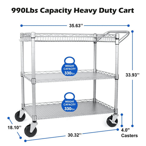Built Tough 990 Lb Capacity Heavy Duty Rolling Utility Cart For Kitchen And Restaurant NSF Commercial Grade Metal Trolley with casters and handle bar