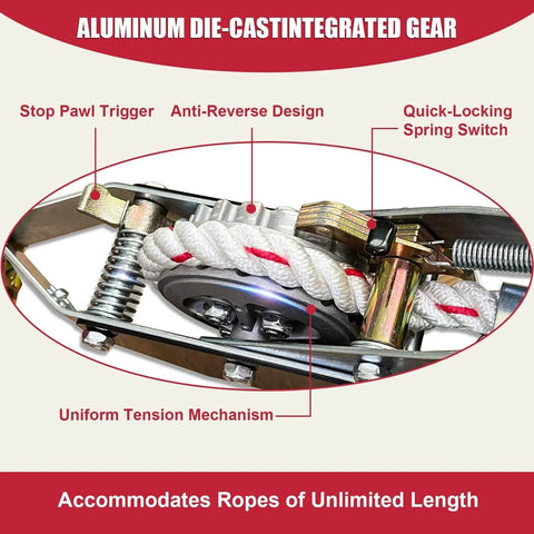 Close-up of 1-1/2 Ton Rope Puller with 100 Ft 0.6 In Rope, showcasing aluminum gear, stop pawl, and spring switch.