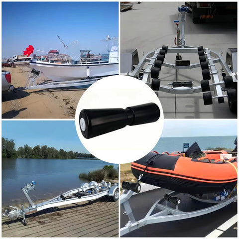 Collage of Heavy Duty Boat Trailer Roller in use, showing different trailer types and environments, featuring the black rubber keel roller, focus on 4-3/5" 7-5/16" 9-1/4" 11-3/16" Rubber Boat Trailer Keel Roller, fits 5" 8" 10" 12" wide bracket, designed for smooth motion and stable alignment.