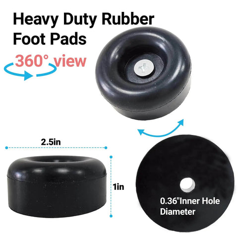 Beefed Up Heavy Duty Round Rubber Bump Stops 1 x 2.5 Inch With Screws, 360-degree view showing dimensions and inner hole diameter