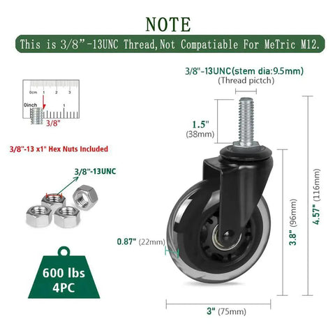 Heavy Duty Rubber Caster Wheels Set Of Four With Three Eighths Inch Threaded Stem And One And A Half Inch Stem Length Three Inch Wheel Quiet Smooth Rolling For Furniture And Hardwood Floors, side view with measurements and hex nuts.