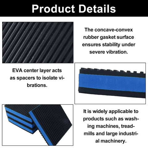 Product details showing Eight Pack 4 By 4 By 0.875 Inch Heavy Duty Rubber Anti Vibration Pads With EVA Vibration Damping Isolator Mats