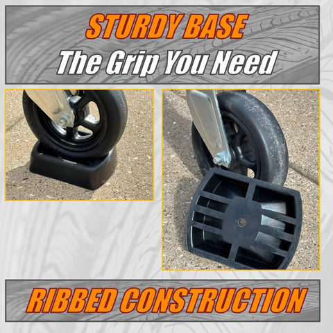 Jack Wheel Chock Dock Block Fits 6 Inch Caster Wheels Heavy Duty Reinforced Rubber Stabilizer Prevents Rolling shown installed