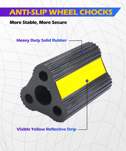 Heavy Duty Rubber Wheel Chocks For Cars, RVs, Campers, Trailers And Trucks With Non Slip Grip And 3 Reflective Strips