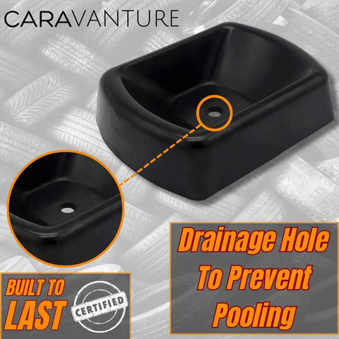 Jack Wheel Chock Dock Block Fits 6 Inch Caster Wheels Heavy Duty Reinforced Rubber with drainage hole to prevent pooling.