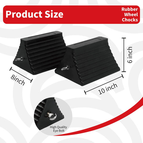 Beefy Heavy Duty Rubber Wheel Chocks With Eyebolt For Trucks Trailers Cars RVs And Heavy Equipment All Weather Tire Chalk Blocks 10 Inch Long By 8 Inch Wide 2 Pack Black, side view with measurements visible.