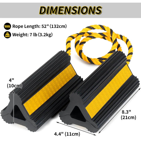 Heavy Duty Rubber Wheel Chocks Set With 52 Inch Nylon Rope Non Slip Tire Stop Blocks For RVs Campers Travel Trailers Motorhomes Aircraft Cars And Trucks 2 Pack High Visibility with dimensions