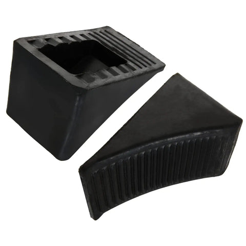 Heavy Duty Rubber Wheel Chocks 4 Pack For Trailers And RVs Ideal For Cars Travel Trailers Trucks And ATVs 6.3 X 4 X 4 Inches UV And Oil Resistant All Weather Black Chocks By CertBuy, side view showing triangular shape and textured grip.
