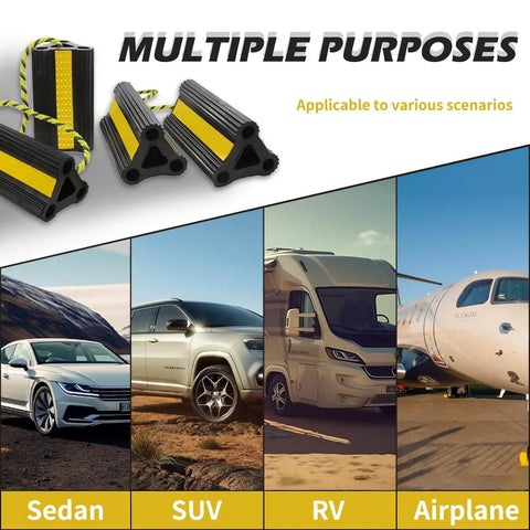 Heavy Duty Rubber Wheel Chocks For Travel Trailers Campers RVs And Cars With Nylon Rope And Yellow Reflective Tape, multiple uses