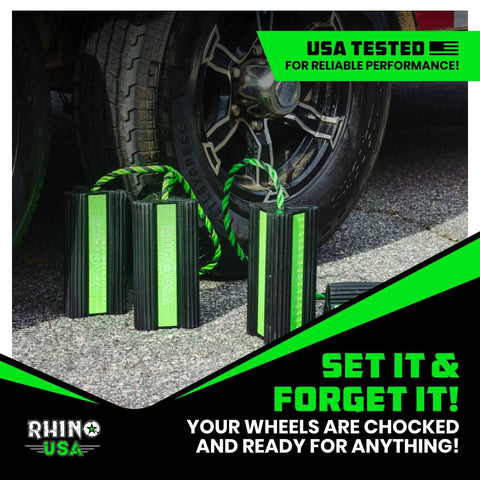 Heavy Duty Rubber Wheel Chocks For Trucks Trailers RVs And Aircraft With Non Slip Grip And Reflective Strips For Low Light Safety Rhino USA For All Weather Use next to tire