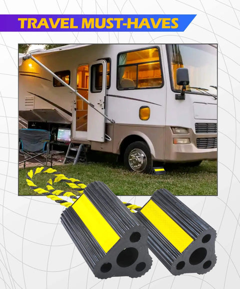 Heavy Duty Rubber Wheel Chocks For Cars, RVs, Campers, Trailers And Trucks With Non Slip Grip And 3 Reflective Strips, 8.3 Inch Long Tire Stopper Blocks shown with RV