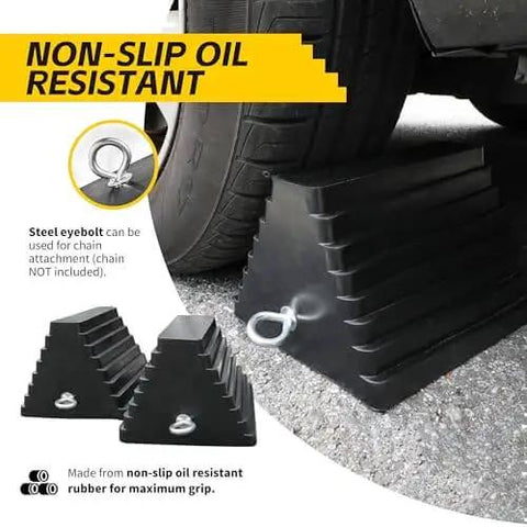 Heavy Duty Rubber Wheel Chocks With Steel Eyebolt 2 Pack Oil Resistant Non Slip 10 Inch By 8 Inch By 6 Inch For Trailers Cars RVs And Motorcycles Delivers Maximum Grip And Easy Safety Parking installed under tire