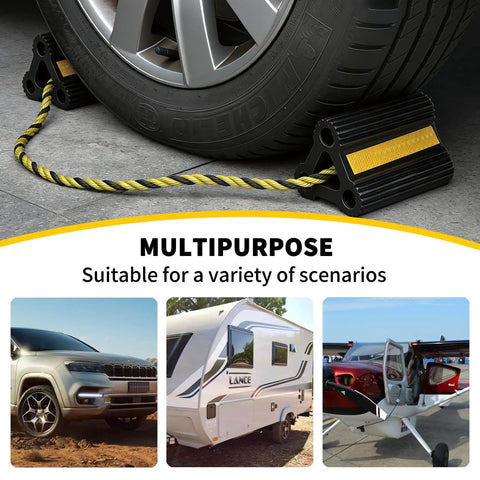 Beefy Heavy Duty Rubber Wheel Chocks for Campers RVs Trailers Trucks and Small Aircraft Universal Fit 4 Pack with vehicle wheel