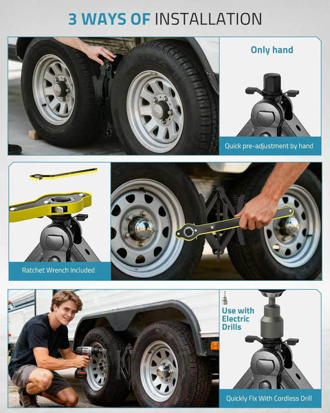 Heavy Duty RV Wheel Chocks Stabilizers With X Shaped Design For Travel Trailers And Campers 2 Pack Fits 3.5 To 12 Inch Wheel Gaps shown installed in three ways, including by hand, ratchet wrench, and cordless drill.