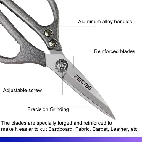 Close-up of Heavy Duty 8.5 Inch All Purpose Scissors With Reinforced Stainless Steel Blades And Durable Metal Handles detailing features.