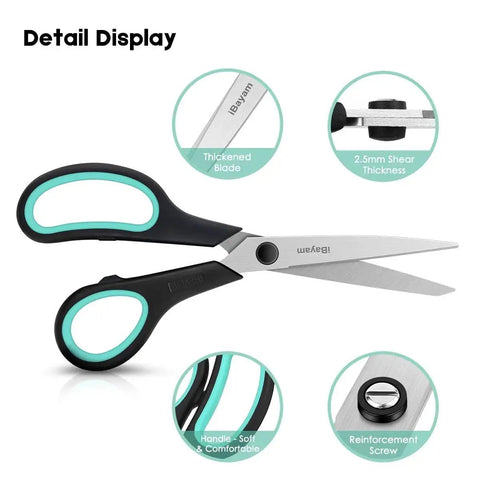 Detail view of Three Pack 8 Inch Heavy Duty Scissors with ultra sharp blades and comfort grip handles, ideal for cutting burlap and paper.
