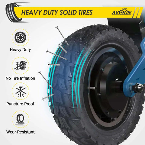 10x2.75-6.5 Scooter Tire Off Road with heavy-duty design, puncture-proof, wear-resistant features shown in close-up on electric scooter wheel.