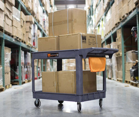 Heavy Duty Service Cart For Garage And Shop With 500 Pound Capacity Extra Wide 46 By 25.5 Inch Two Shelf Utility Cart 5 Inch Non Marring Casters For Smooth Moves And Easy Clean Surface WEN