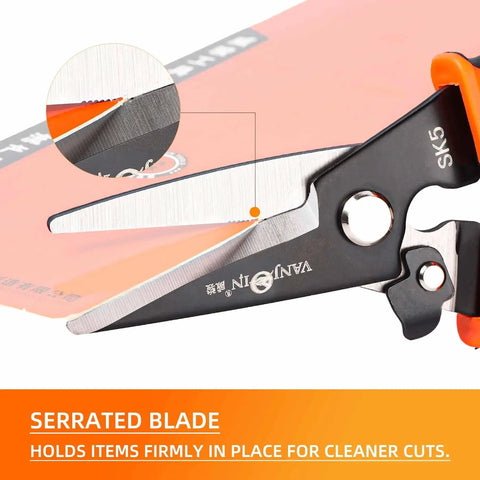 Close-up of Heavy Duty 9 Inch Multipurpose Scissors With Serrated Edge For Carpet Cardboard Fabric Copper Wire And Tree Branches
