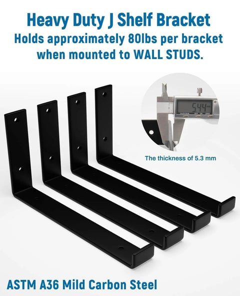 Heavy Duty J Shelf Bracket, 12 inch Shelf Brackets 6-Pack, ASTM A36 Carbon Steel, 1/5 inch Thick, DIY Floating Shelf Support