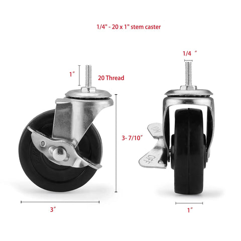 Heavy Duty Shelf Caster Wheels Set Of Four For Wire Shelving With Stem Size One Quarter By Twenty Thread, side view