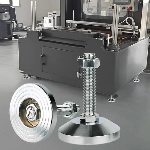 Heavy Duty Machine Leveling Feet With 3.15 Inch Base And M16 Thread For 3300 Lb Capacity Adjustable Levelers For Workbenches Machines And Cabinets With Striped Anti Skid Groove Base 2 Pack Silvery By WUEIBUZUDAO, displayed with industrial machine in background.