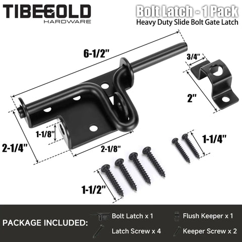 Built To Last Heavy Duty Slide Bolt Gate Latch With Padlock Hole 1 Pack, black steel latch and screws, dimensions labeled.