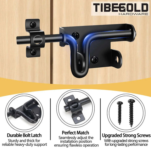 Built To Last Heavy Duty Slide Bolt Gate Latch With Padlock Hole, black steel, for wooden gate installation, shown with screws.