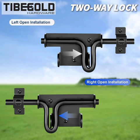 Built To Last Heavy Duty Slide Bolt Gate Latch With Padlock Hole shown in two-way installation, black finish, for wood and vinyl fence gates.