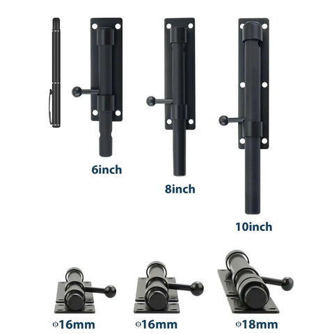 6, 8, 10 inch heavy duty slide bolt latches with SUS304 stainless steel and matte black finish for outdoor gate security.
