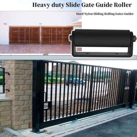 [Heavy Duty] 2 Pack Slide Gate Guide Roller, 6" Hard Nylon Sliding Rolling Gates Guider with C Post Welded Bracket shown on gate