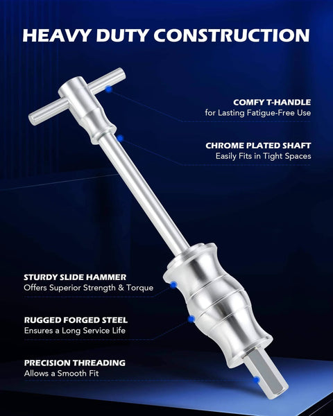 Blind Hole Collet Bearing Race and Seal Puller Extractor Kit with Slide Hammer Pilot, chrome shaft, T-handle, labeled features
