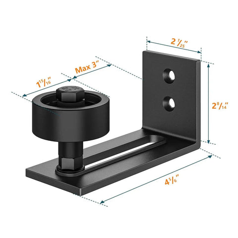 Heavy Duty Sliding Barn Door Floor Guide With Adjustable Rollers And Wall Mount System, Flush Bottom Design, shown with dimensions