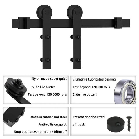 10 Foot Barn Door Hardware Kit For Single Sliding Door Heavy Duty Black Carbon Steel Track And J Shape Rail Includes All Necessary Hardware For Quick Smooth Installation For A 65 Inch Closet Panel No Door image featuring track, rollers, and mounting hardware with nylon wheels.