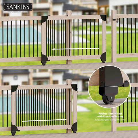 Heavy Duty Sliding Gate Kit Adjustable Hardware for Wood Fence with Anti Sag Corner Brace Gate Latch and Smooth Rolling Wheels