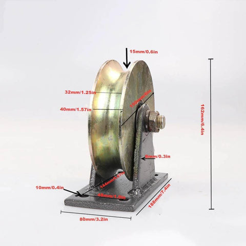 Side view of a Pulley, Pulley Wheel, Sliding Gate Roller, Colour Galvanizing, Heavy Duty Barn Door Casters, 45# Steel Slide Gate Hardware for Gate Frame, Industrial Machines Carts, Wire Rope Rail(150mm) with dimensions labeled.