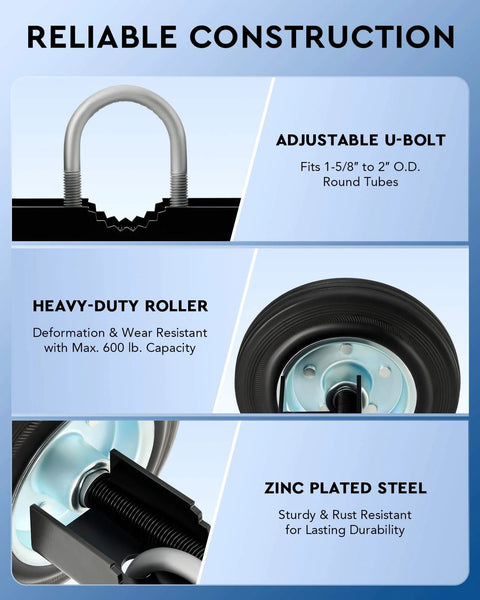 Diagram highlighting features of a 6" Heavy Duty Sliding Gate Wheel for Metal Tube Gate, showing U-bolt, heavy-duty roller, zinc-plated steel.