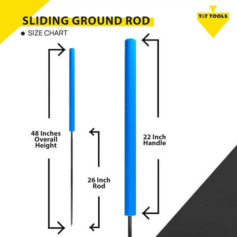 Heavy Duty Sliding Ground Rod With Handle For Outdoor Grounding Systems, durable one half inch steel rod, size chart display