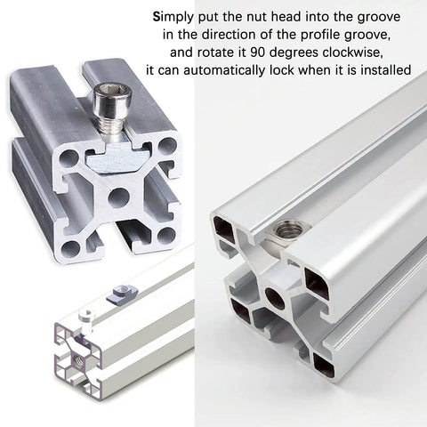 Beefy Heavy Duty Sliding T Nuts for 4040 Aluminum Extrusion M8 Thread, shown installed on 10mm profile, corrosion resistant steel.