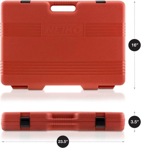Heavy Duty Half Inch Drive Master Impact Socket Set With Sixty Five Pieces For SAE And Metric Sizes case, orange, dimensions shown