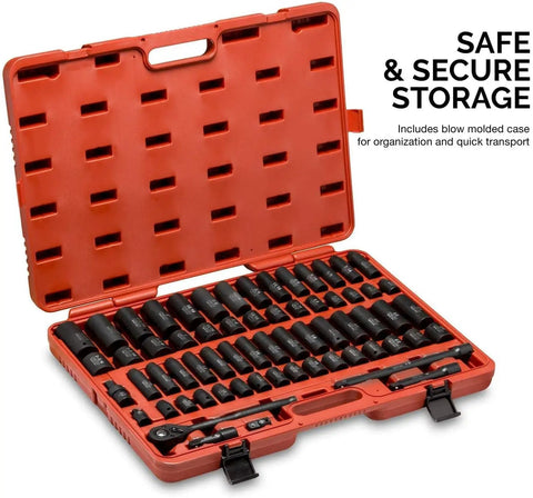 Heavy Duty Half Inch Drive Master Impact Socket Set With Sixty Five Pieces For SAE And Metric Sizes Includes Deep And Shallow Sockets Adapters And Ratchet Handle To Fit Three Eighths To One And Quarter Inch And Ten To Twenty Four Millimeter Fasteners in a red case.